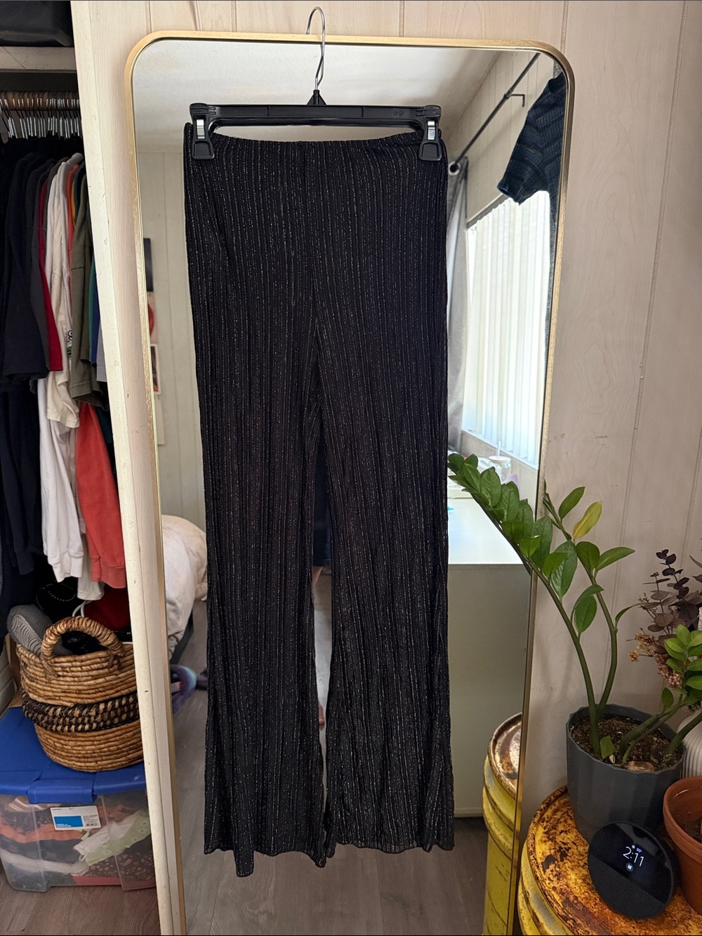 Black Metallic Ribbed See Through Wide-Leg Pants